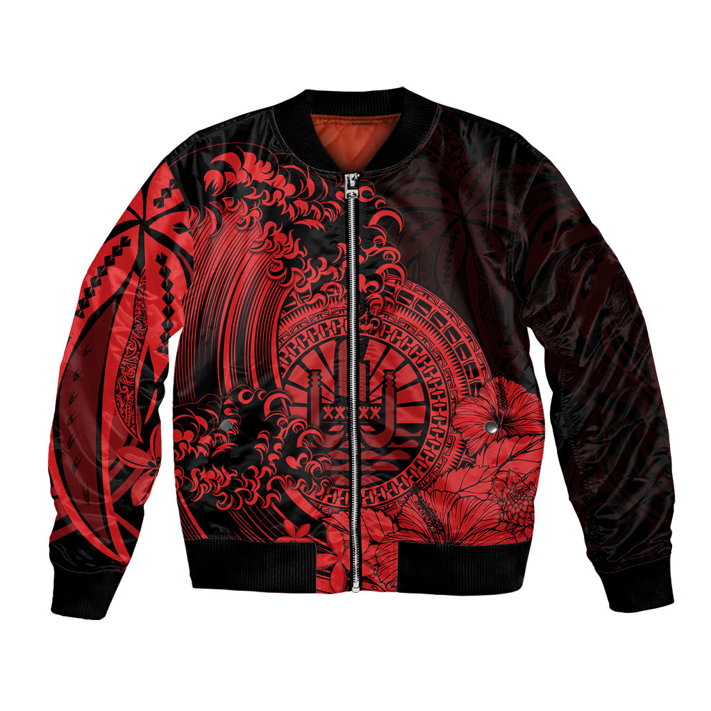 Polynesian Tahiti Island Bomber Jacket The Wave of Water - Red LT9 Unisex Red - Polynesian Pride