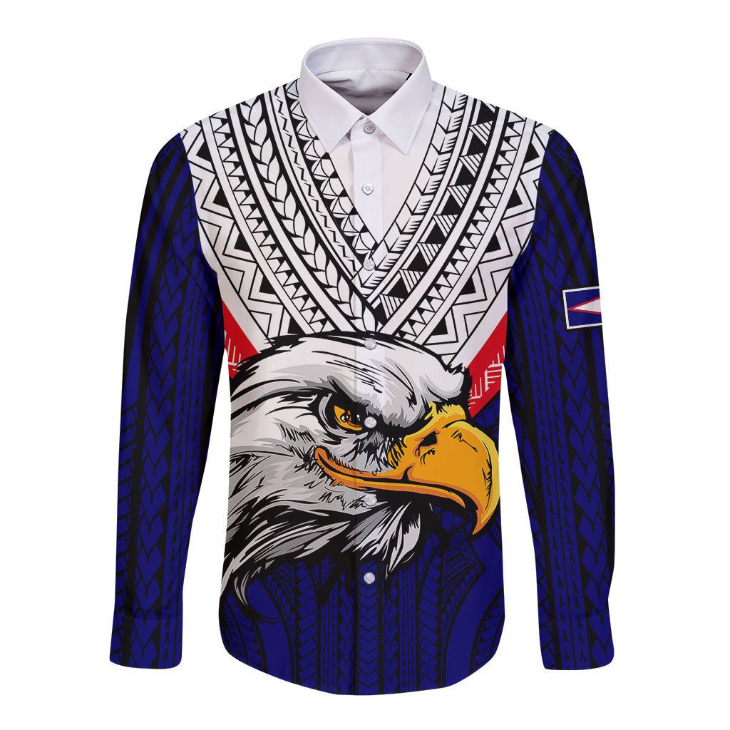 American Samoa Long Sleeve Button Shirt Bald Eagle with Polynesian Pattern LT9 Unisex Blue - Polynesian Pride