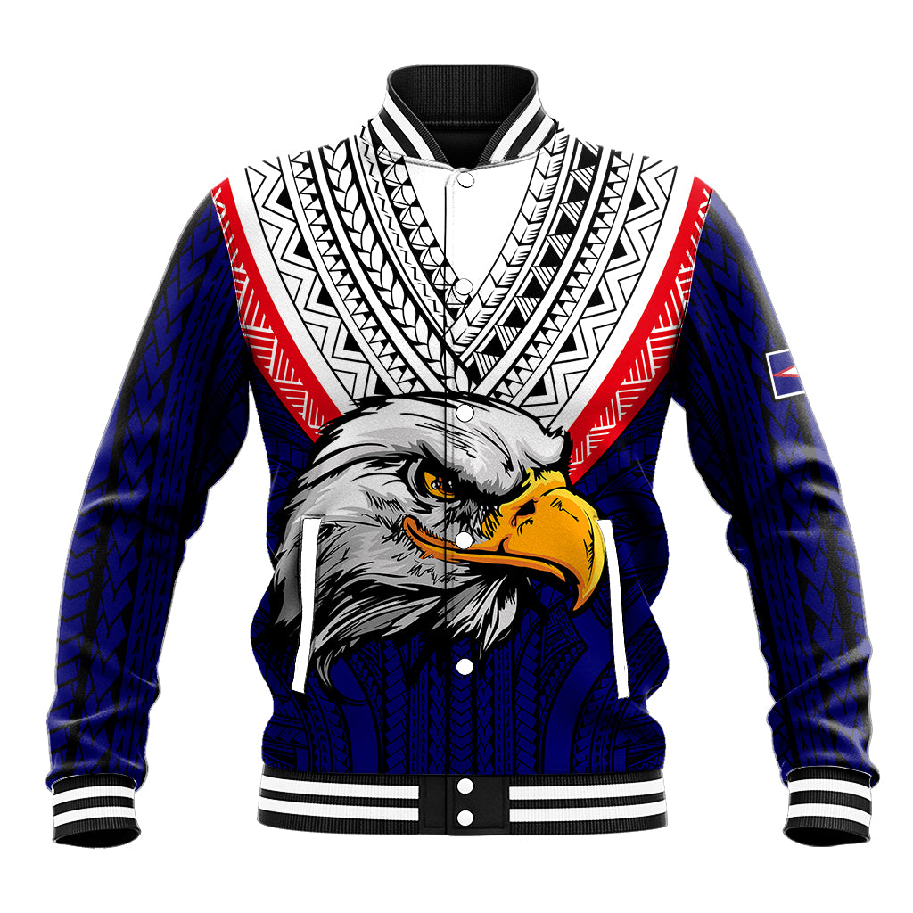 (Custom Personalised) American Samoa Baseball Jacket Bald Eagle with Polynesian Pattern LT9 Unisex Blue - Polynesian Pride