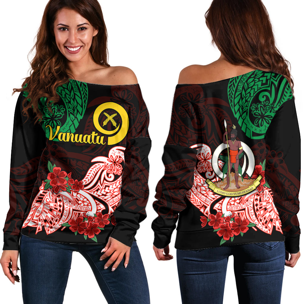 Vanuatu Off Shoulder Sweater Polynesian Floral Tribal LT9 Women Black - Polynesian Pride