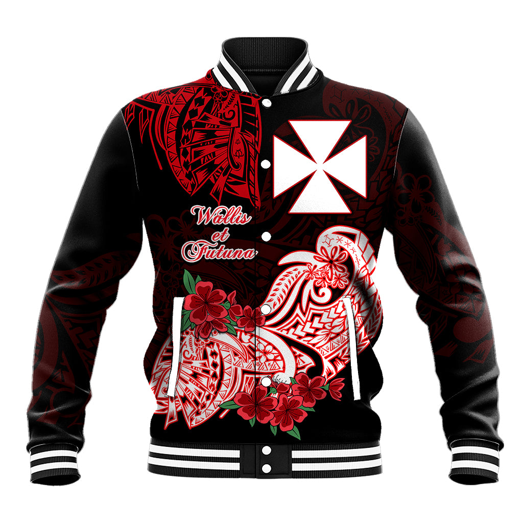 Wallis et Futuna Baseball Jacket Polynesian Floral Tribal LT9 Unisex Black - Polynesian Pride