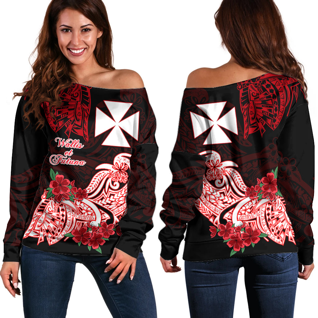 Wallis et Futuna Off Shoulder Sweater Polynesian Floral Tribal LT9 Women Black - Polynesian Pride