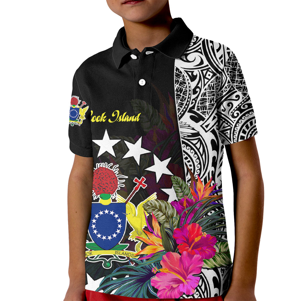 Cook Island Kid Polo Shirt Tribal Polynesian and Tropical Flowers LT9 Kid Black - Polynesian Pride