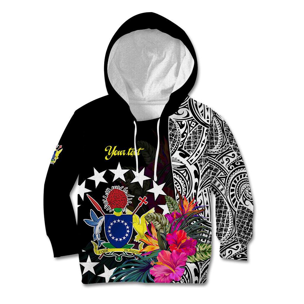 (Custom Personalised) Cook Island Kid Hoodie Tribal Polynesian and Tropical Flowers LT9 Black - Polynesian Pride