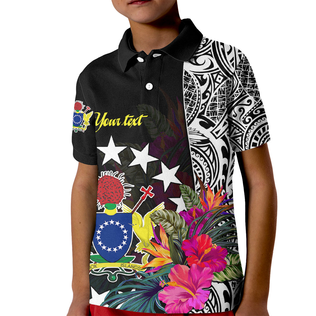 (Custom Personalised) Cook Island Kid Polo Shirt Tribal Polynesian and Tropical Flowers LT9 Kid Black - Polynesian Pride