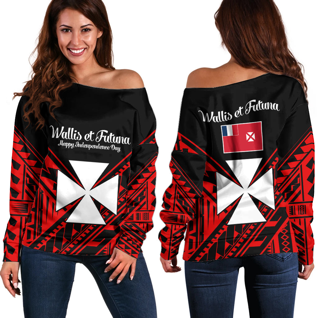 Wallis et Futuna Off Shoulder Sweater Happy Independence Day LT9 Women Red - Polynesian Pride