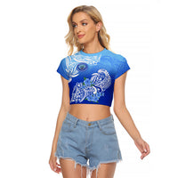 Federated States Of Micronesia Raglan Cropped T Shirt Polynesian Floral Tribal LT9 Female Blue - Polynesian Pride