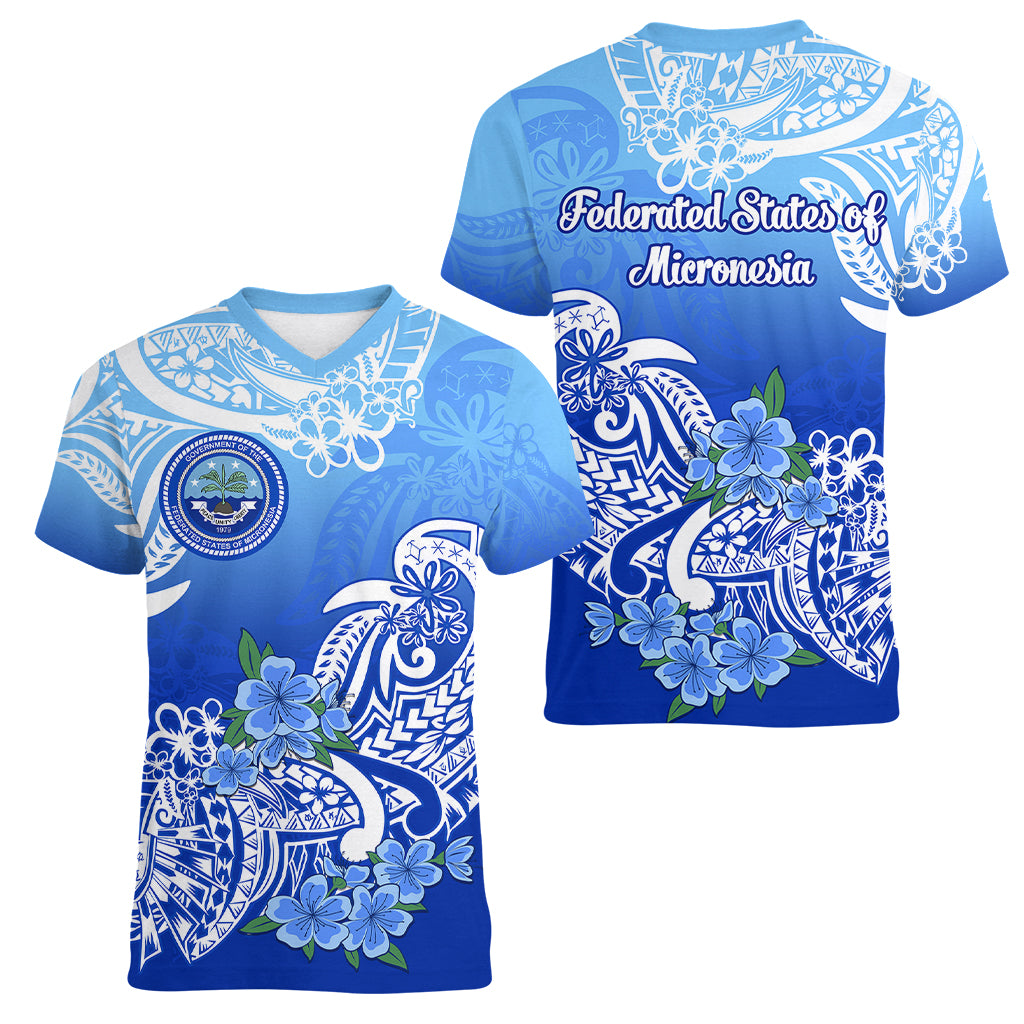 Federated States Of Micronesia Women V Neck T Shirt Polynesian Floral Tribal LT9 Female Blue - Polynesian Pride