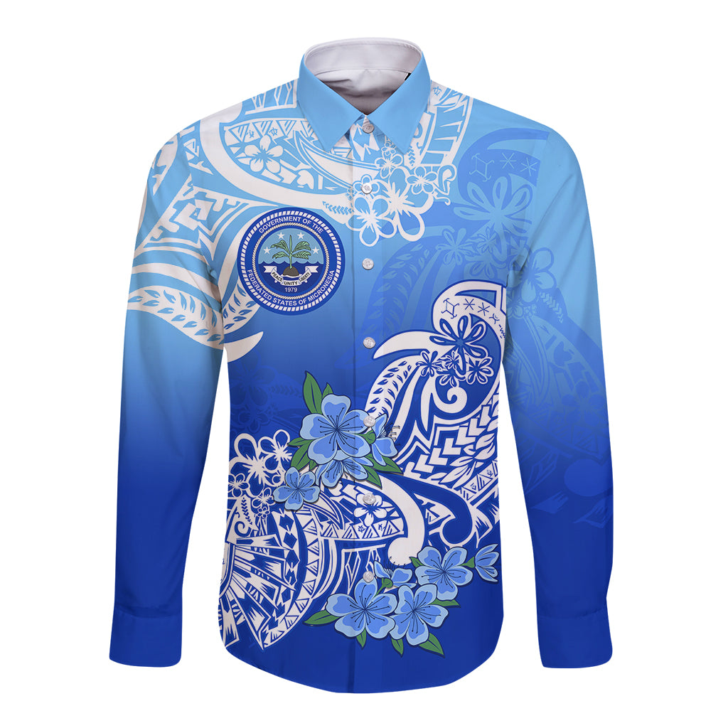 (Custom Personalised) Federated States Of Micronesia Long Sleeve Button Shirt Polynesian Floral Tribal LT9 Unisex Blue - Polynesian Pride