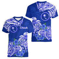 FSM Chuuk State Women V Neck T Shirt Polynesian Floral Tribal LT9 Female Blue - Polynesian Pride