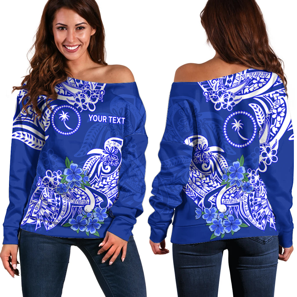 (Custom Personalised) FSM Chuuk State Off Shoulder Sweater Polynesian Floral Tribal LT9 Women Blue - Polynesian Pride