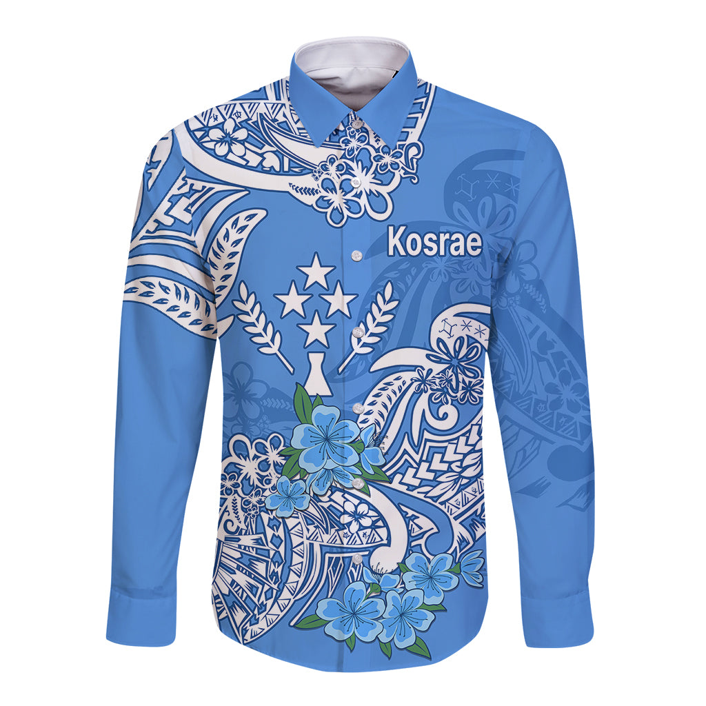 FSM Kosrae State Long Sleeve Button Shirt Polynesian Floral Tribal LT9 Unisex Blue - Polynesian Pride