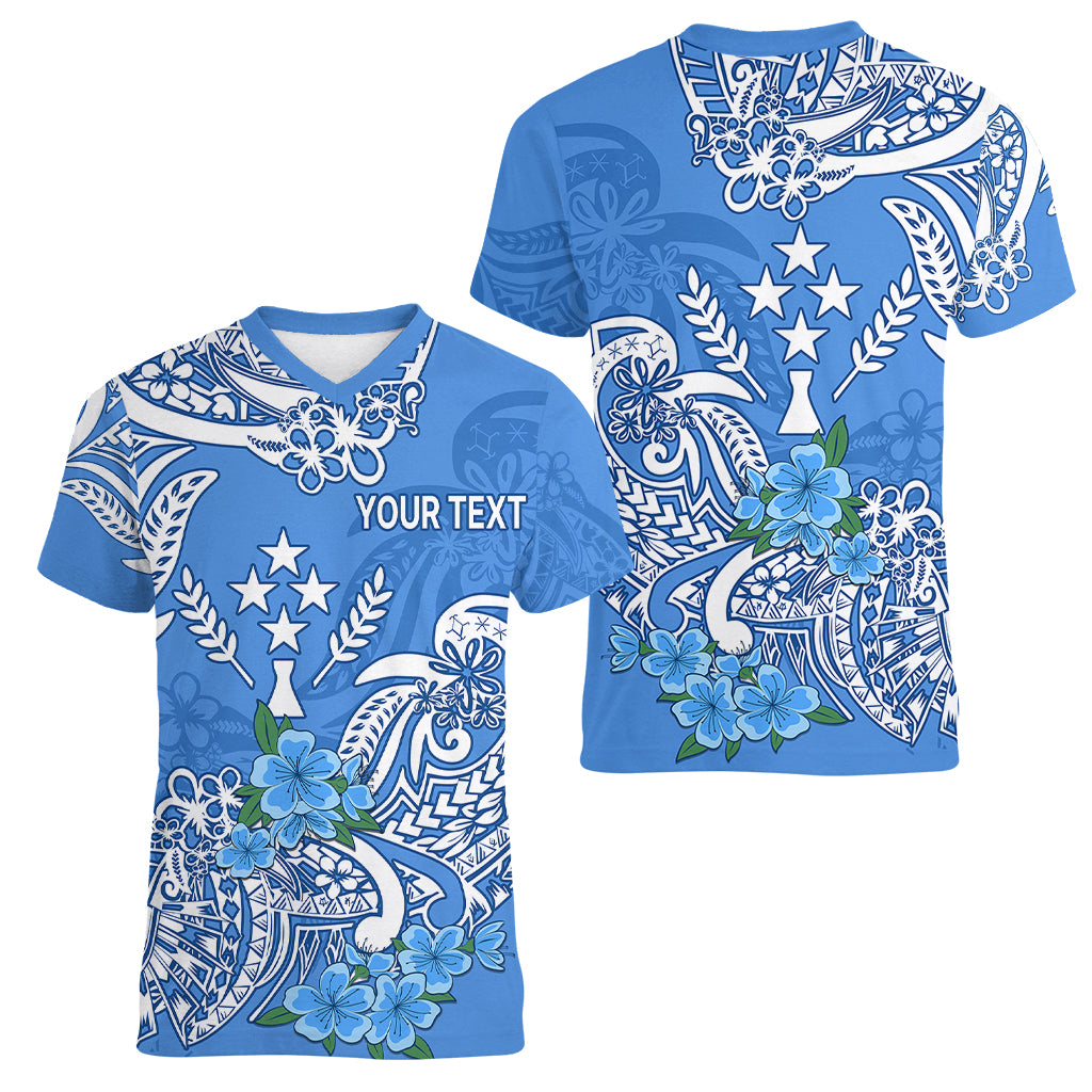 (Custom Personalised) FSM Kosrae State Women V Neck T Shirt Polynesian Floral Tribal LT9 Female Blue - Polynesian Pride