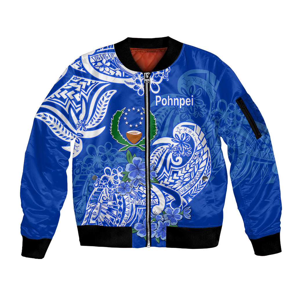 FSM Pohnpei State Sleeve Zip Bomber Jacket Polynesian Floral Tribal LT9 Unisex Blue - Polynesian Pride