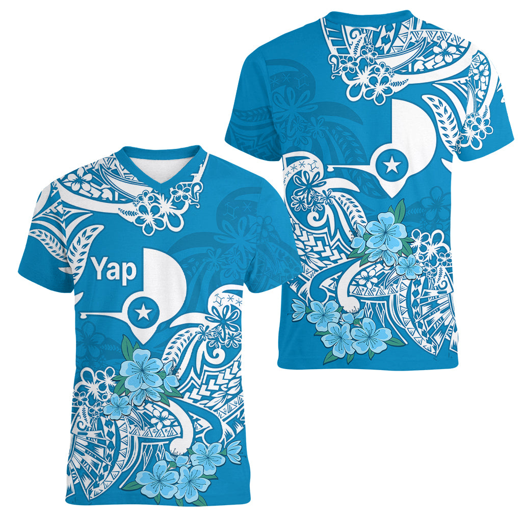 FSM Yap State Women V Neck T Shirt Polynesian Floral Tribal LT9 Female Blue - Polynesian Pride