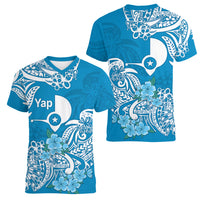 FSM Yap State Women V Neck T Shirt Polynesian Floral Tribal LT9 Female Blue - Polynesian Pride