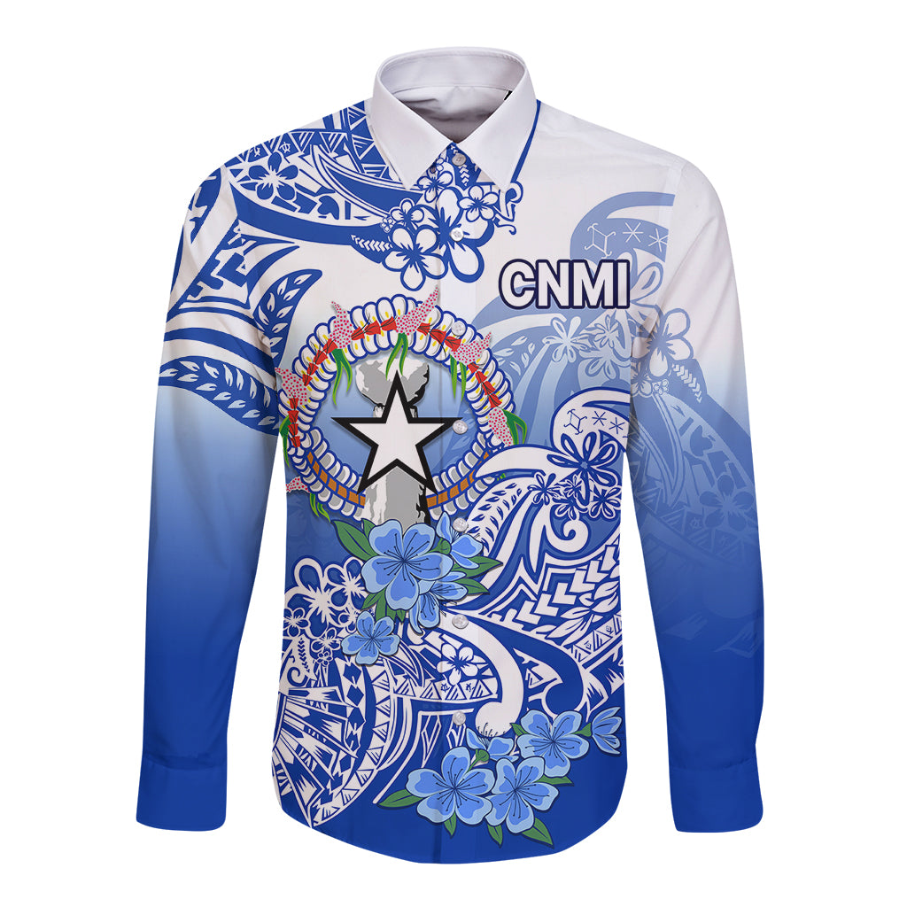 Northern Mariana Islands Long Sleeve Button Shirt Polynesian Floral Tribal LT9 Unisex Blue - Polynesian Pride