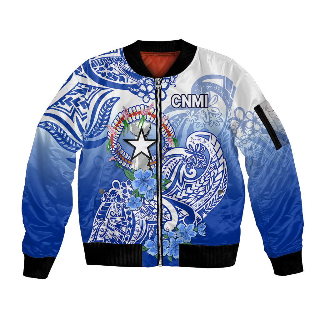 Northern Mariana Islands Sleeve Zip Bomber Jacket Polynesian Floral Tribal LT9 Unisex Blue - Polynesian Pride