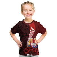 Tahiti Kid T Shirt Polynesian Coat Of Arm With Hibiscus LT9 Red - Polynesian Pride