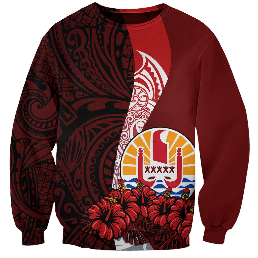Tahiti Sweatshirt Polynesian Coat Of Arm With Hibiscus LT9 Unisex Red - Polynesian Pride