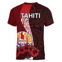Tahiti Women V Neck T Shirt Polynesian Coat Of Arm With Hibiscus LT9 - Polynesian Pride