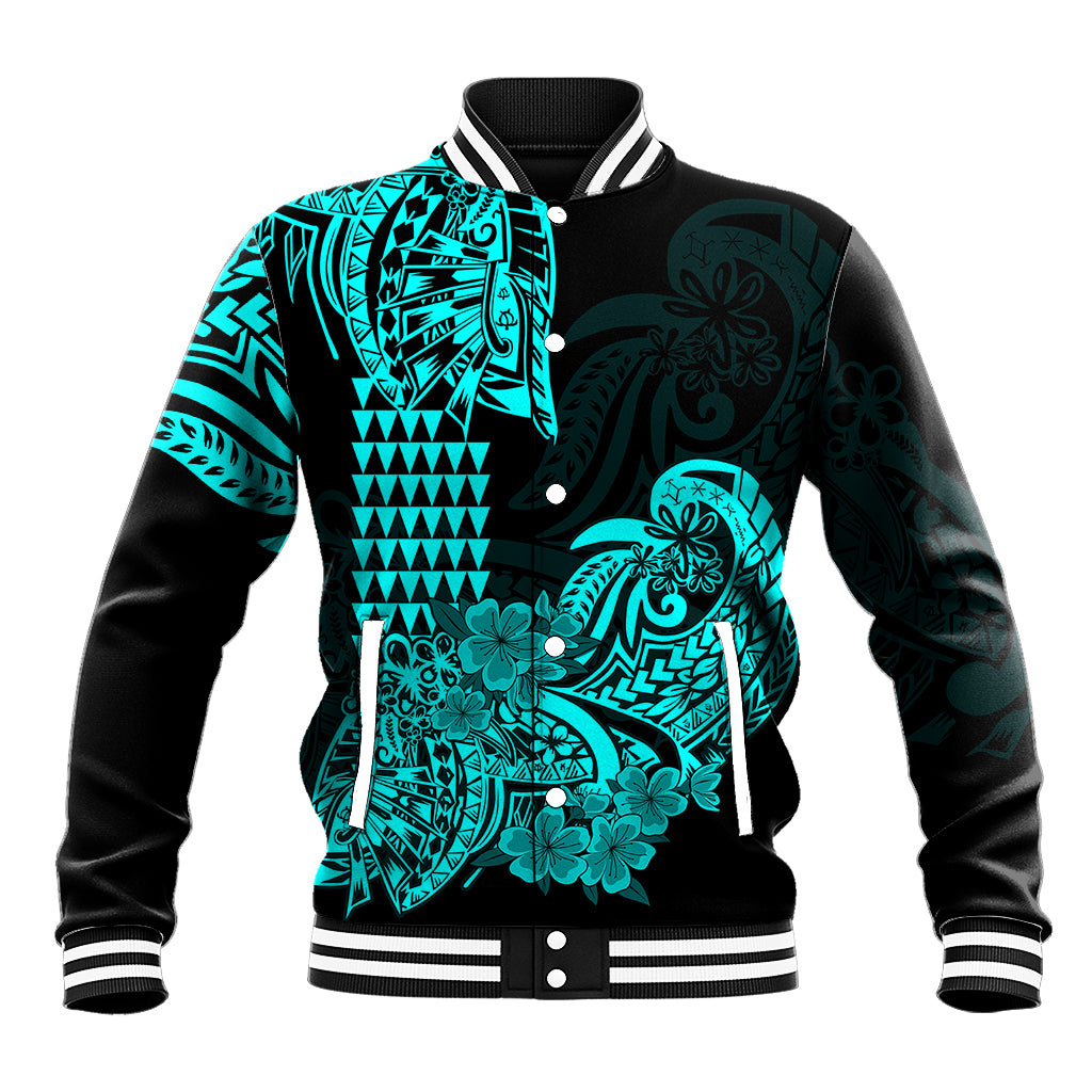 Hawaii Kakau Baseball Jacket Polynesian Floral Tribal Aqua Version LT9 Unisex Aqua - Polynesian Pride