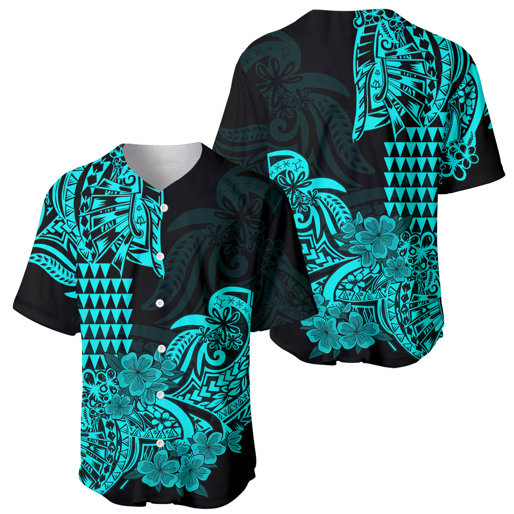 Hawaii Kakau Baseball Jersey Polynesian Floral Tribal Aqua Version LT9 Aqua - Polynesian Pride