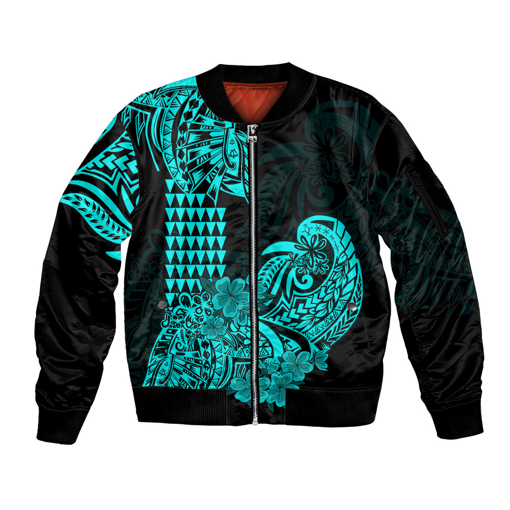 Hawaii Kakau Sleeve Zip Bomber Jacket Polynesian Floral Tribal Aqua Version LT9 Unisex Aqua - Polynesian Pride
