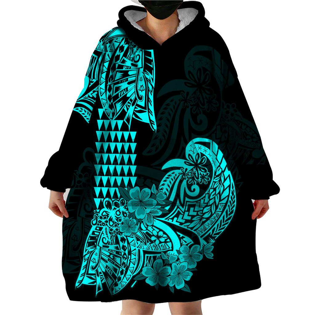 Hawaii Kakau Wearable Blanket Hoodie Polynesian Floral Tribal Aqua Version LT9 - Polynesian Pride