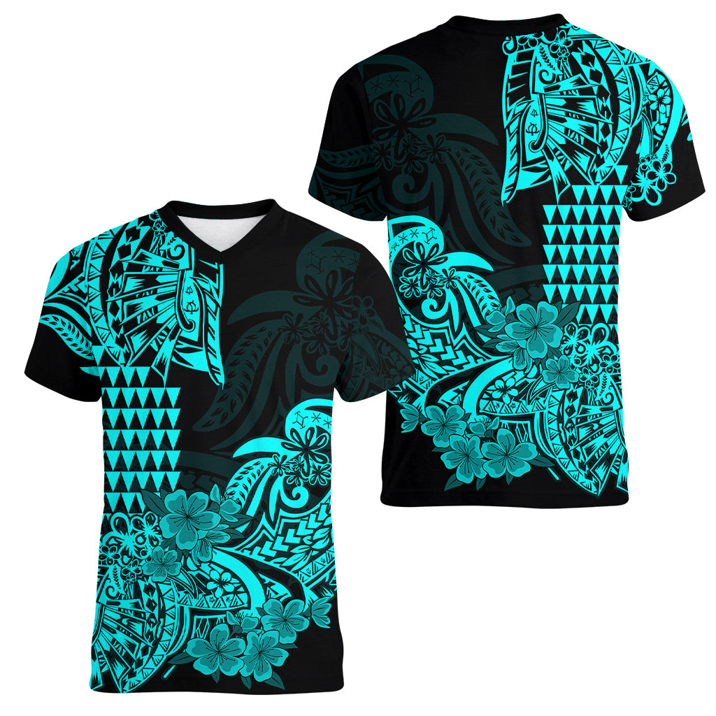 Hawaii Kakau Women V Neck T Shirt Polynesian Floral Tribal Aqua Version LT9 Female Aqua - Polynesian Pride