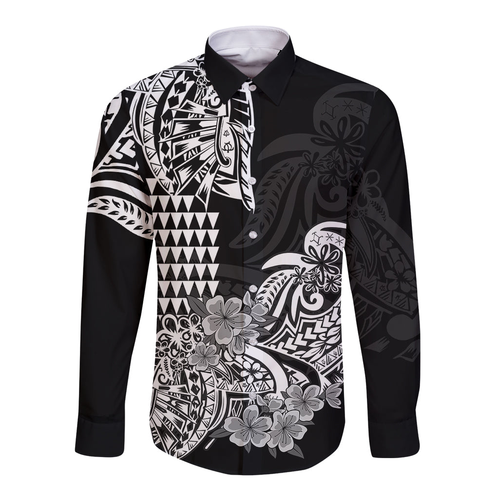 Hawaii Kakau Long Sleeve Button Shirt Polynesian Floral Tribal Black Version LT9 Unisex Black - Polynesian Pride