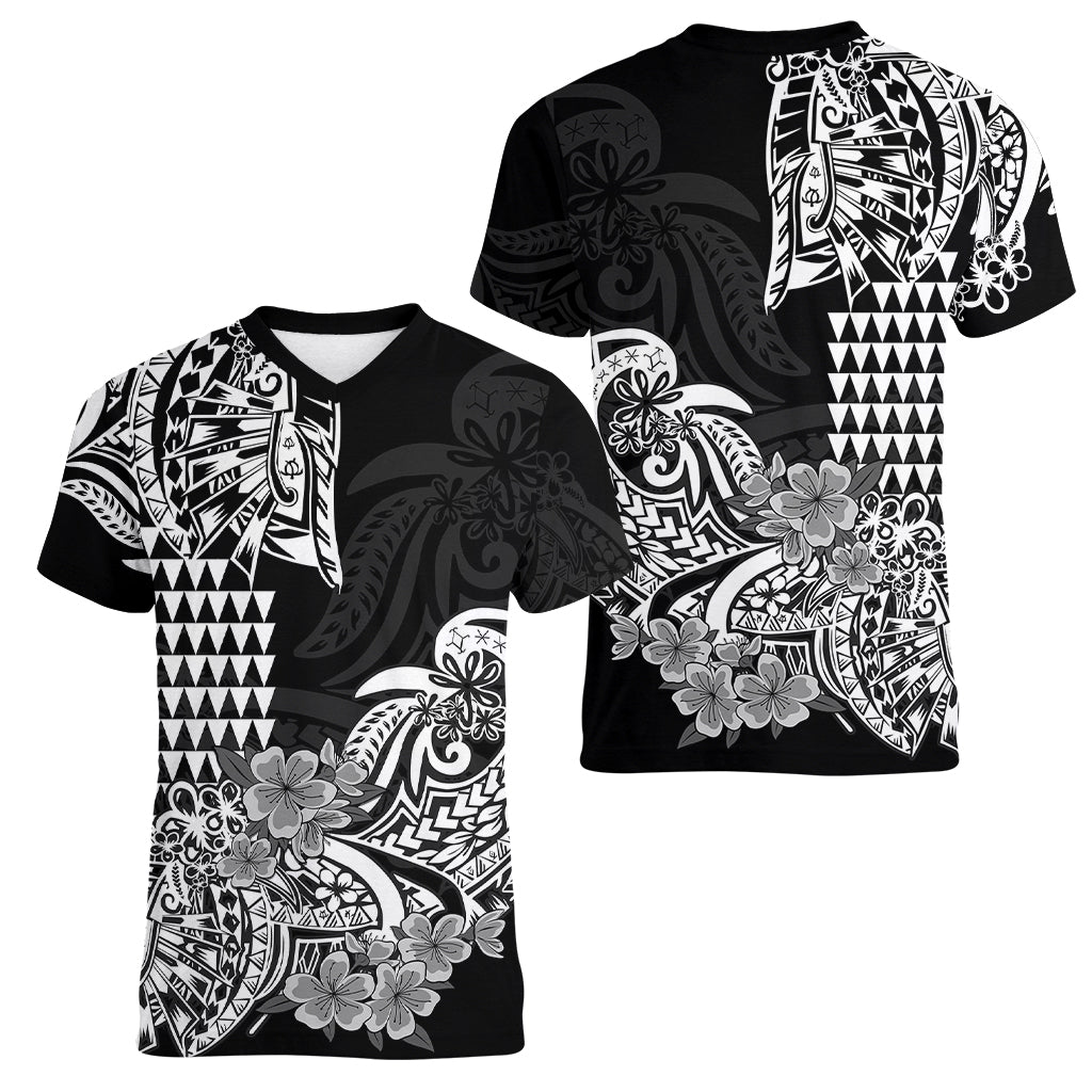 Hawaii Kakau Women V Neck T Shirt Polynesian Floral Tribal Black Version LT9 Female Black - Polynesian Pride