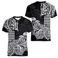 Hawaii Kakau Women V Neck T Shirt Polynesian Floral Tribal Black Version LT9 Female Black - Polynesian Pride