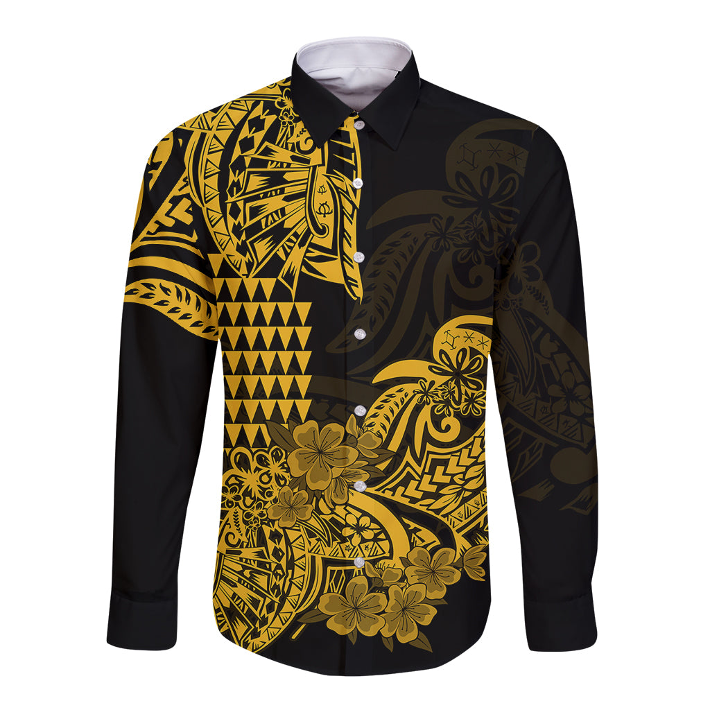 Hawaii Kakau Long Sleeve Button Shirt Polynesian Floral Tribal Gold Version LT9 Unisex Gold - Polynesian Pride