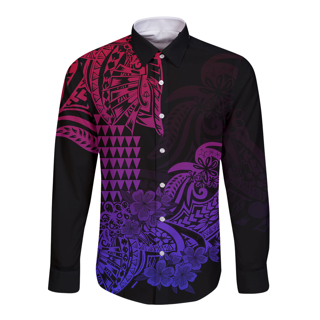 Hawaii Kakau Long Sleeve Button Shirt Polynesian Floral Tribal Gradient Version LT9 Unisex Gradient - Polynesian Pride