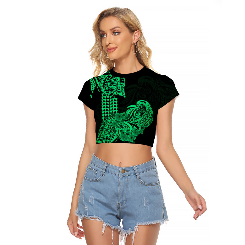 Hawaii Kakau Raglan Cropped T Shirt Polynesian Floral Tribal Green Version LT9 Female Green - Polynesian Pride