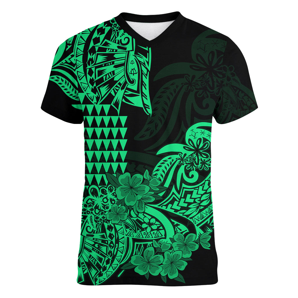 Hawaii Kakau Women V Neck T Shirt Polynesian Floral Tribal Green Version LT9 - Polynesian Pride