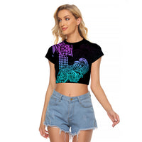 Hawaii Kakau Raglan Cropped T Shirt Polynesian Floral Tribal Heliotrope Version LT9 Female Heliotrope - Polynesian Pride