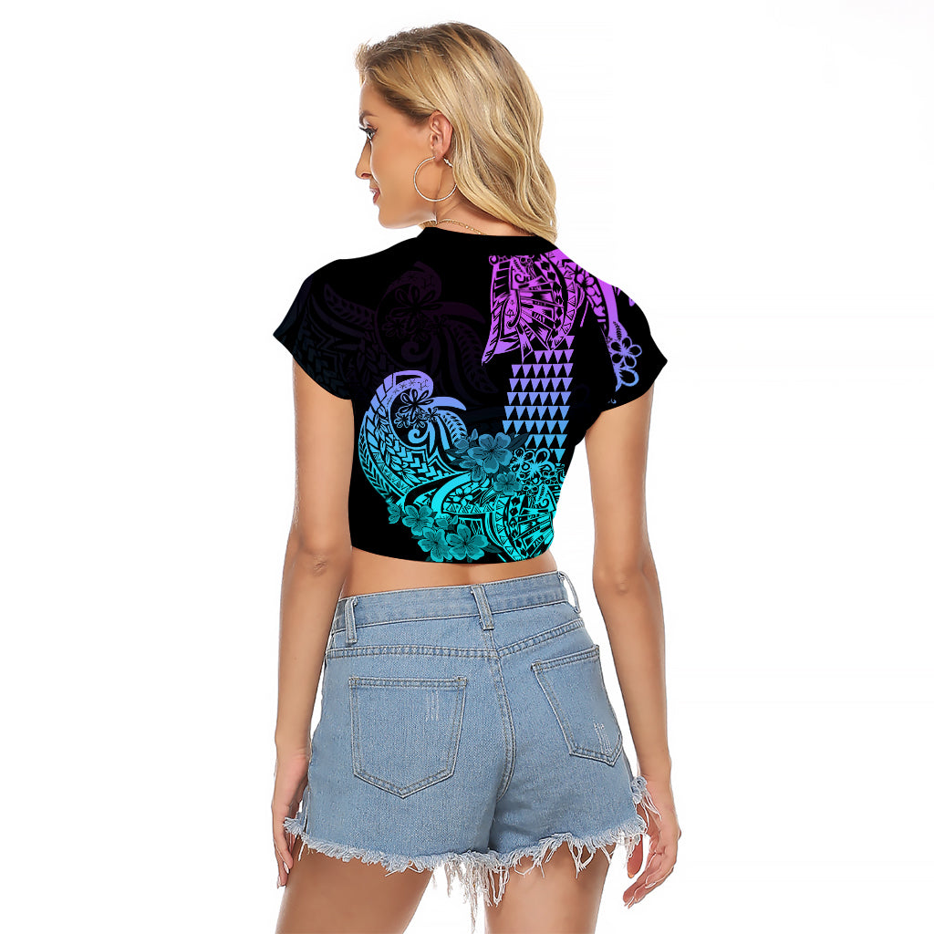 Hawaii Kakau Raglan Cropped T Shirt Polynesian Floral Tribal Heliotrope Version LT9 - Polynesian Pride