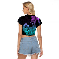 Hawaii Kakau Raglan Cropped T Shirt Polynesian Floral Tribal Heliotrope Version LT9 - Polynesian Pride
