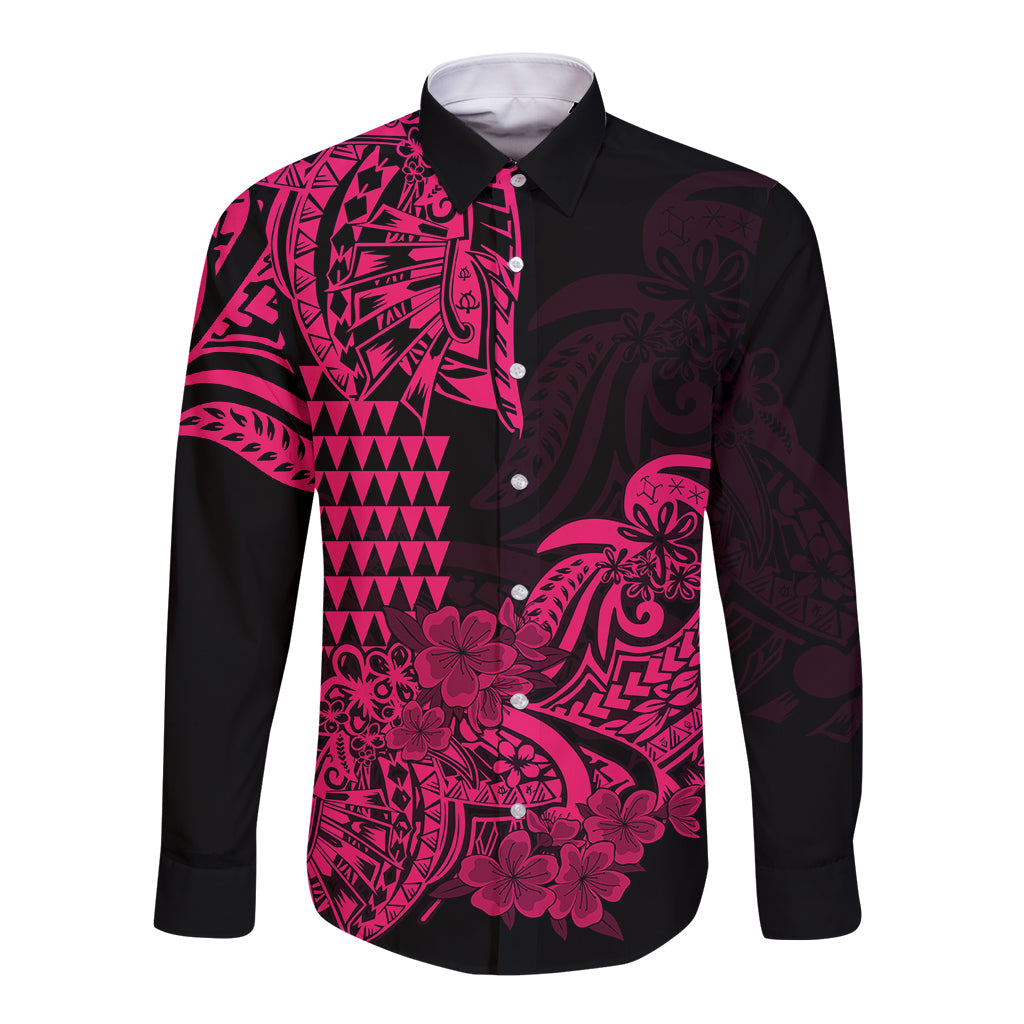 Hawaii Kakau Long Sleeve Button Shirt Polynesian Floral Tribal Pink Version LT9 Unisex Pink - Polynesian Pride