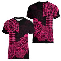 Hawaii Kakau Women V Neck T Shirt Polynesian Floral Tribal Pink Version LT9 Female Pink - Polynesian Pride