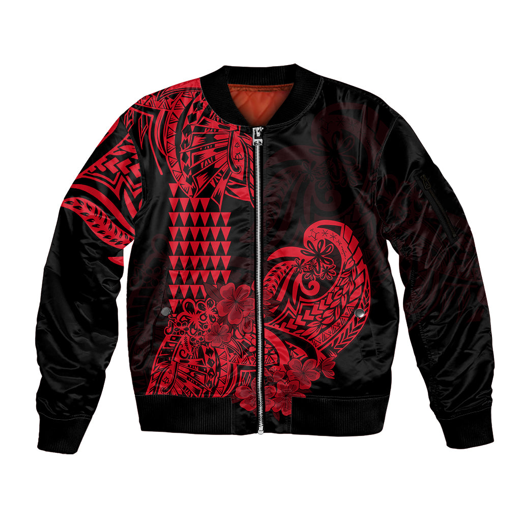 Hawaii Kakau Sleeve Zip Bomber Jacket Polynesian Floral Tribal Red Version LT9 Unisex Red - Polynesian Pride