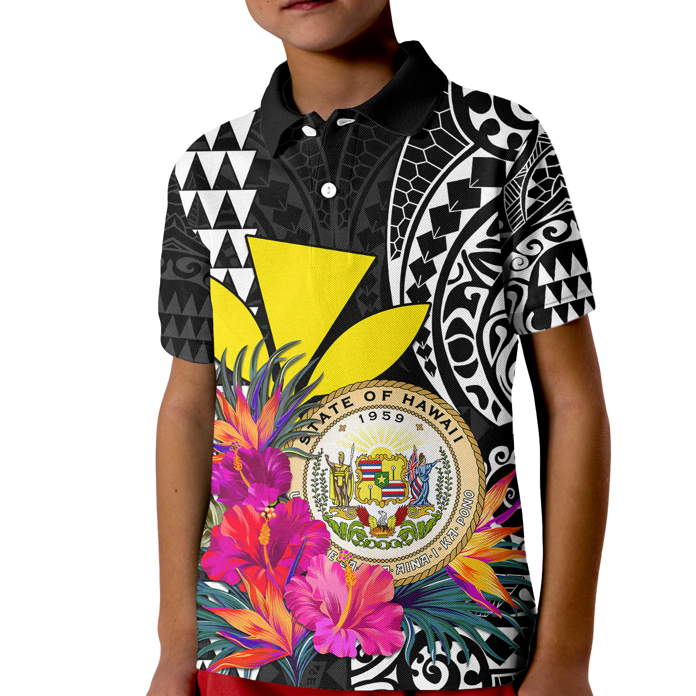 Kakau Tribal Hawaiian Kanaka Maoli Kid Polo Shirt LT9 Kid Black - Polynesian Pride