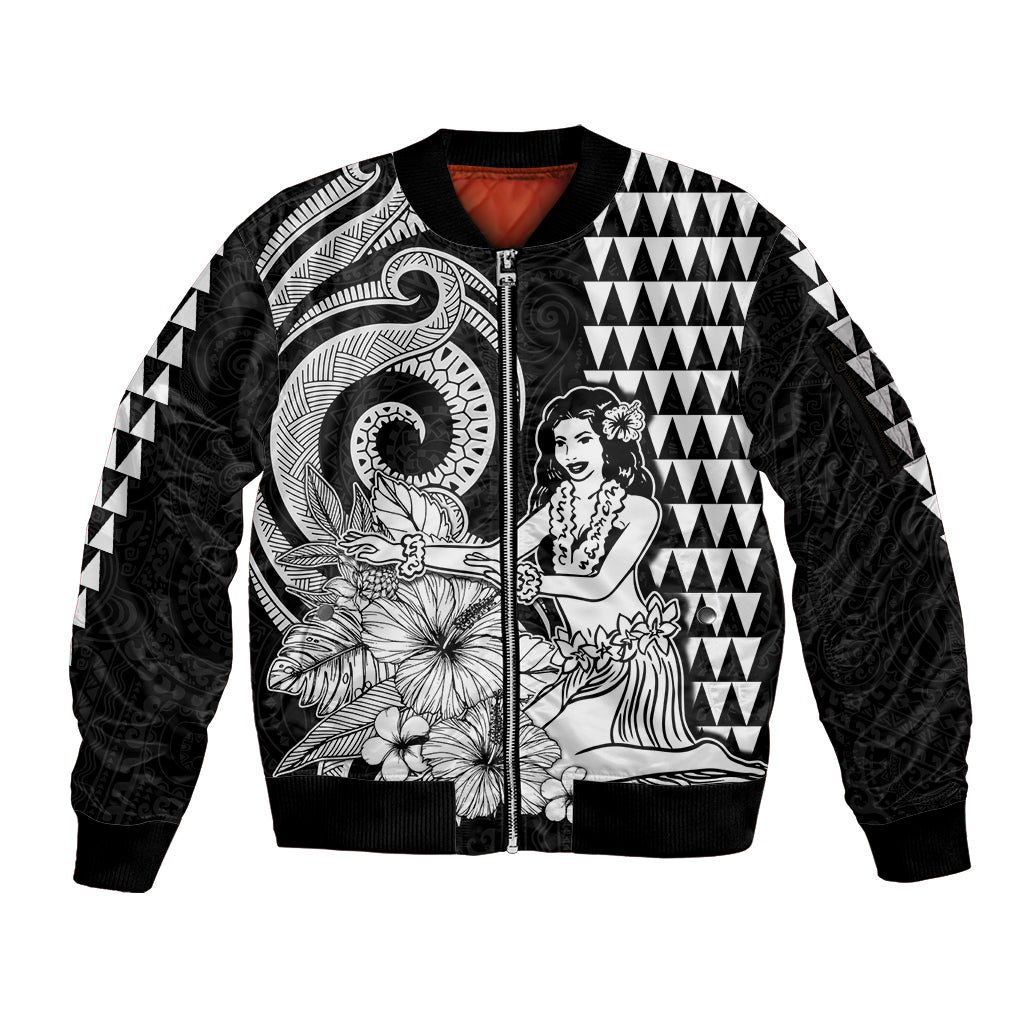 Aloha Hula Girl Hawaiian Tribal and Simple Kakau Sleeve Zip Bomber Jacket LT9 Unisex Black - Polynesian Pride
