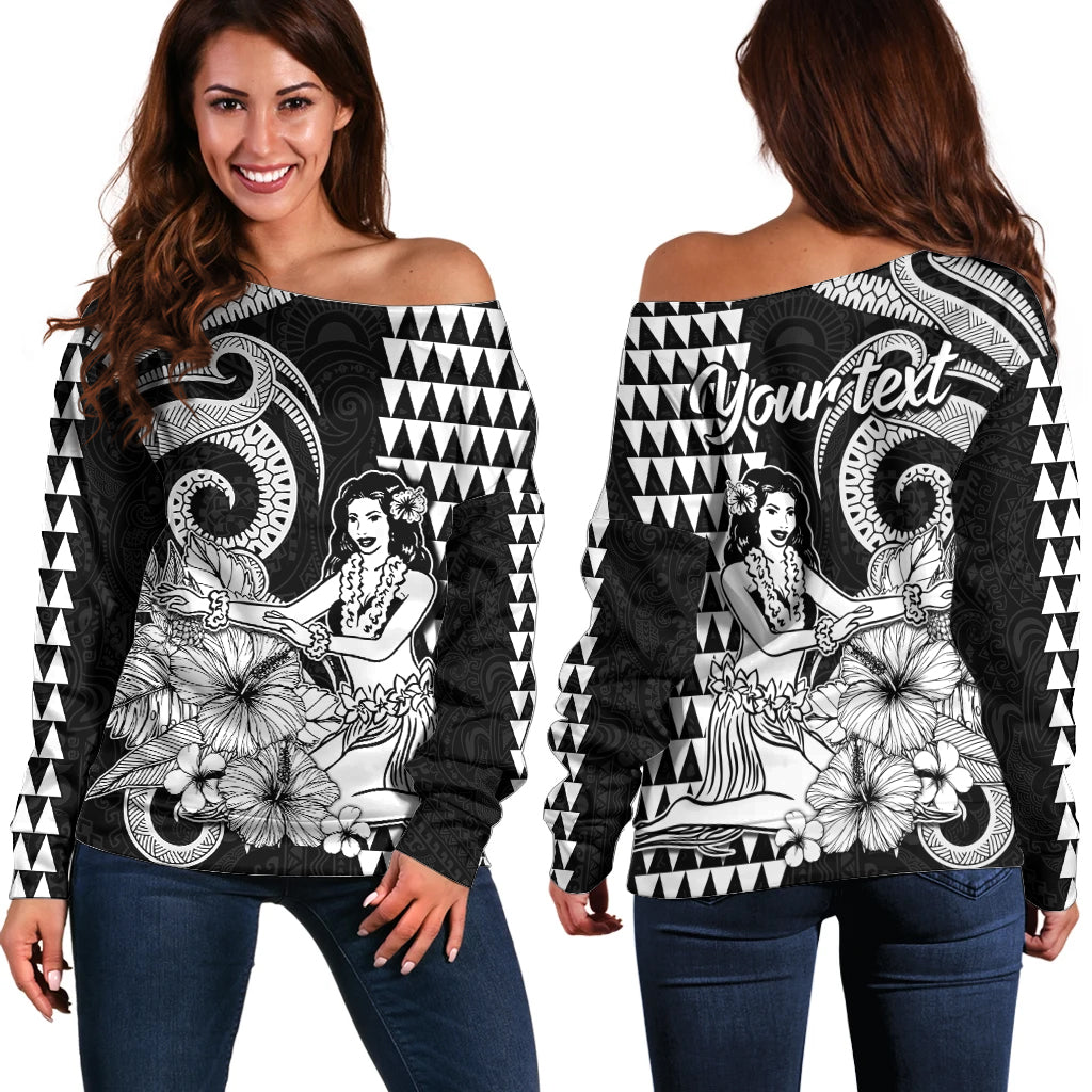 (Custom Personalised) Aloha Hula Girl Hawaiian Tribal and Simple Kakau Off Shoulder Sweater LT9 Women Black - Polynesian Pride