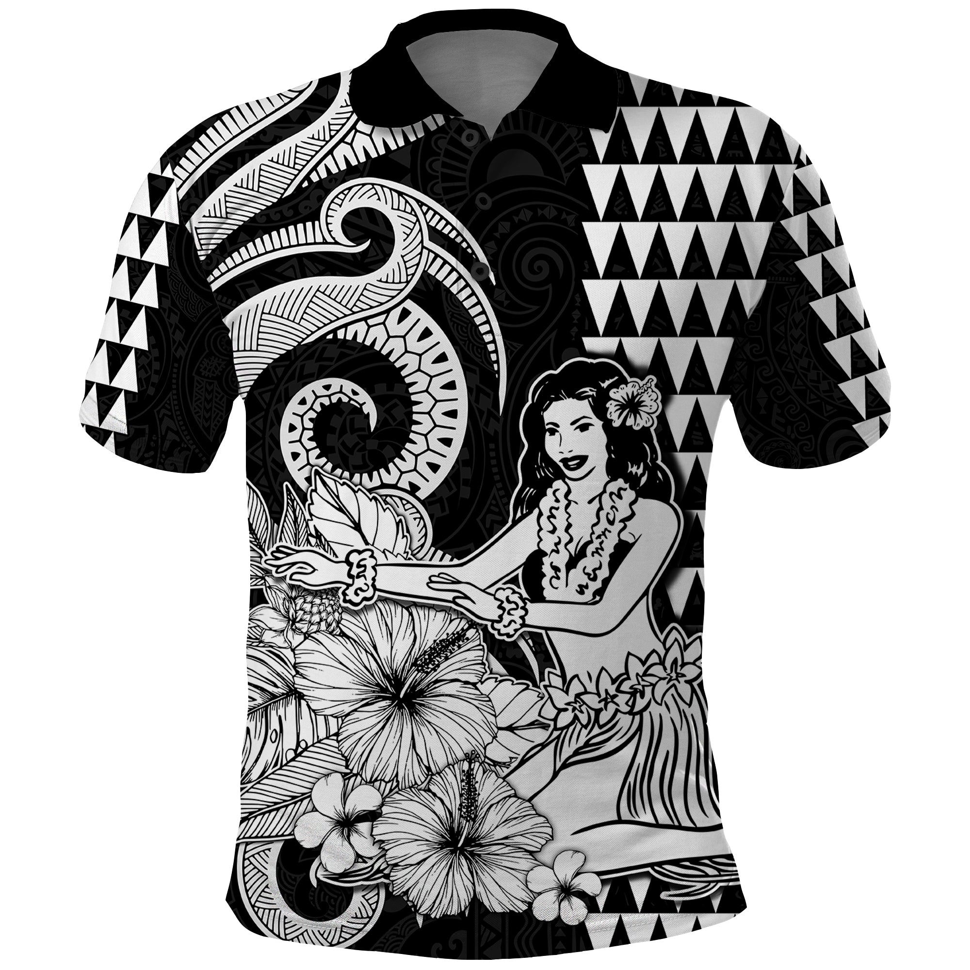 Custom Aloha Hula Girl Hawaiian Tribal and Simple Kakau Polo Shirt LT9 Black - Polynesian Pride