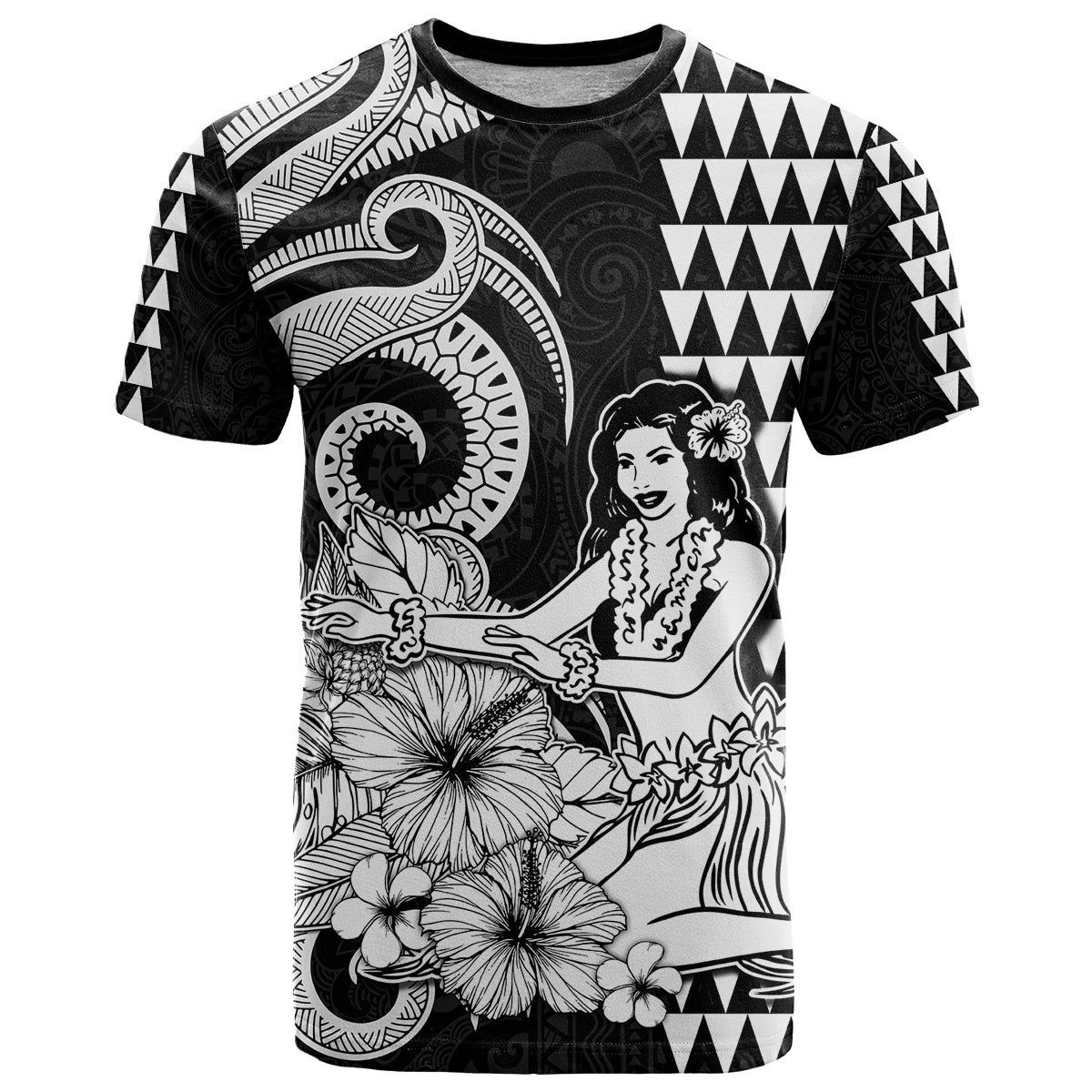 Custom Aloha Hula Girl Hawaiian Tribal and Simple Kakau T Shirt LT9 Black - Polynesian Pride