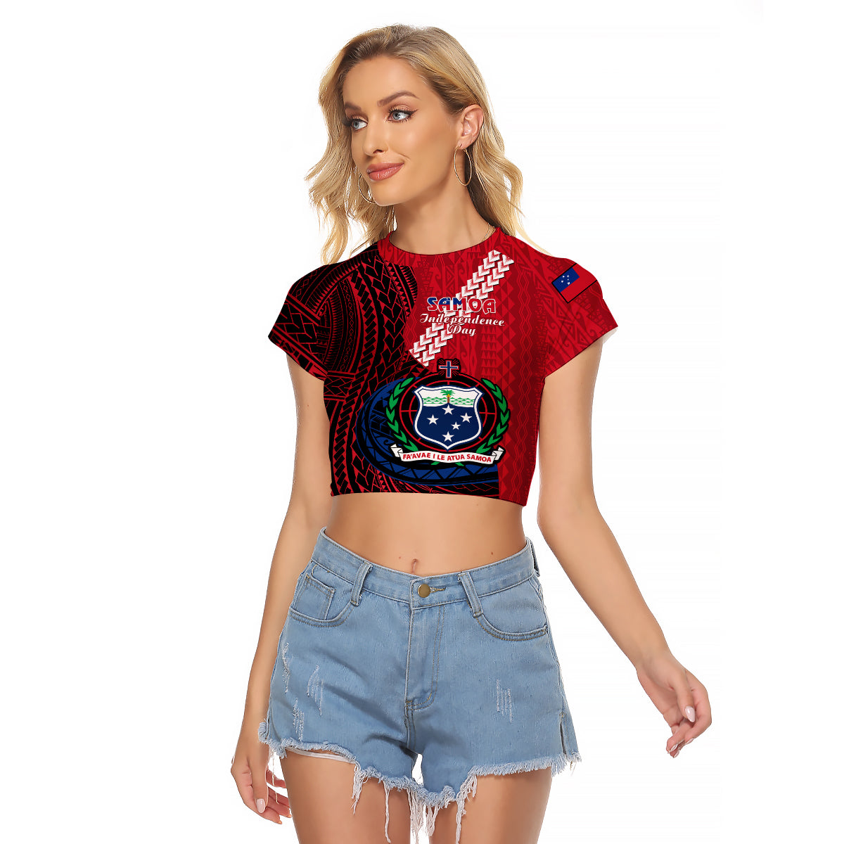 (Custom Personalised) Samoa Raglan Cropped T Shirt Happy Independence Day Samoan Red Pattern LT14 Female Red - Polynesian Pride