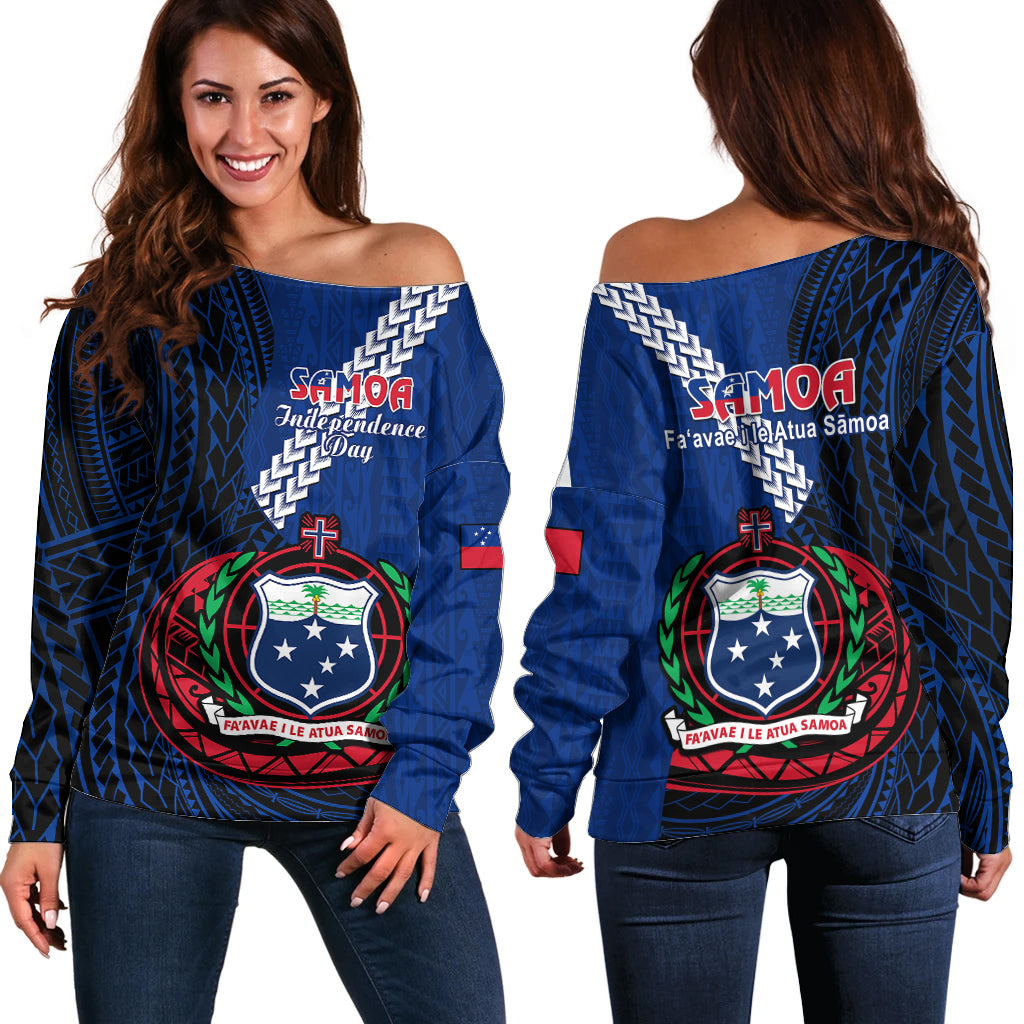 Samoa Off Shoulder Sweater Happy Independence Day Samoan Blue Pattern LT14 Women Blue - Polynesian Pride